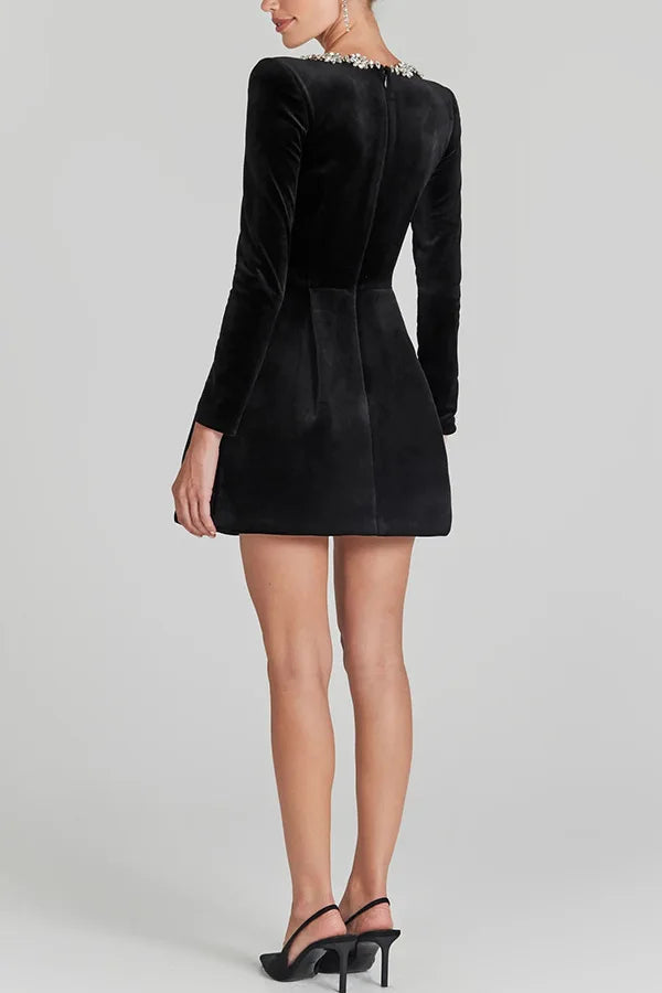 European and American Temperament Square Collar Diamond Setting Velvet Dress, Women's Spring Solid Color Long Sleeve Short Dress