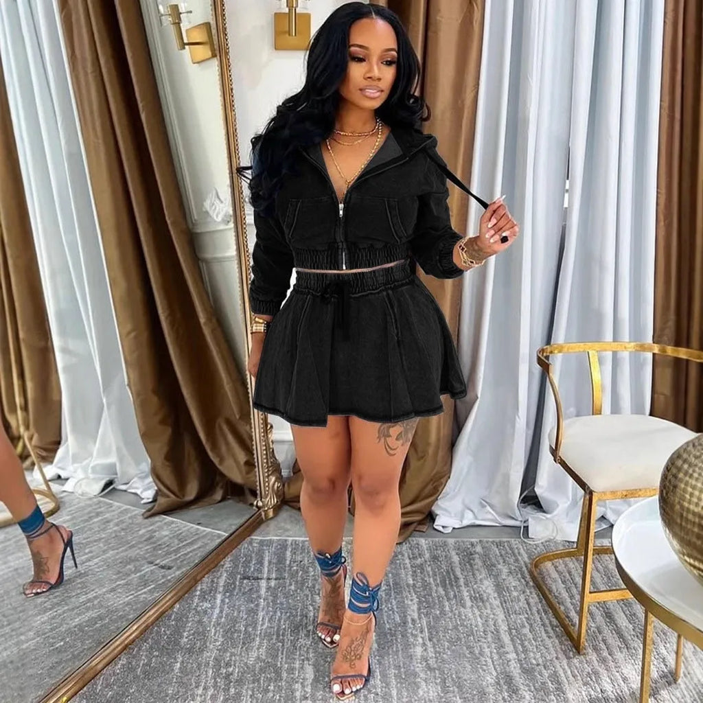 Women's Two-piece Set Dress Denim Crop Top Drawstring Waist Dresses Hooded Mini Dress Zip Front A Line Skirt Casual Dress