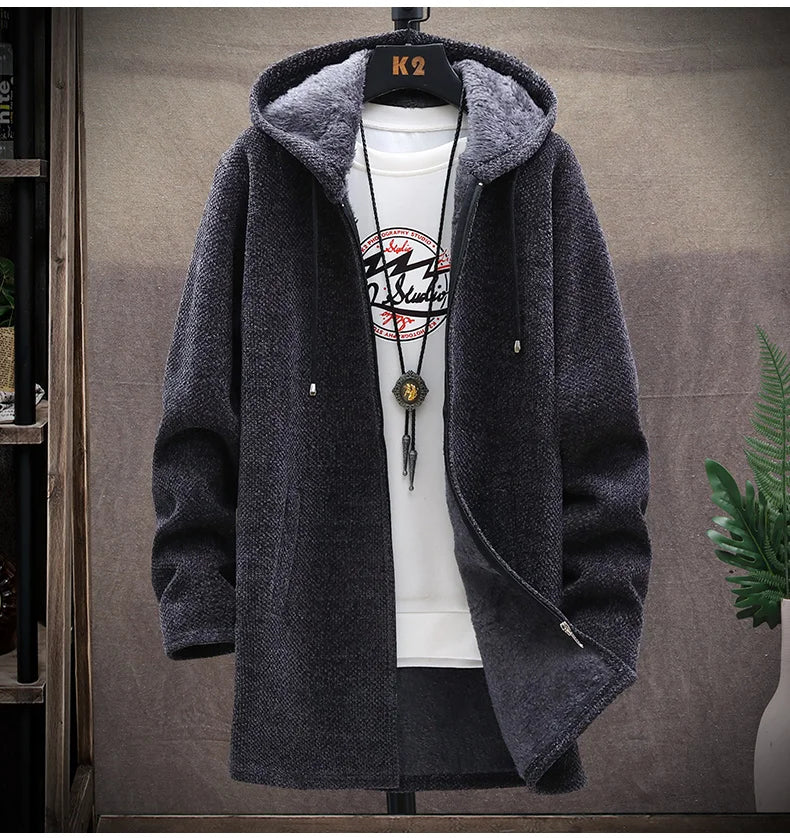 Men's Knitted Sweater Cardigan Thickened Fleece Hooded Casual Style Warm Outerwear Autumn Winter New Arrival Korean Version