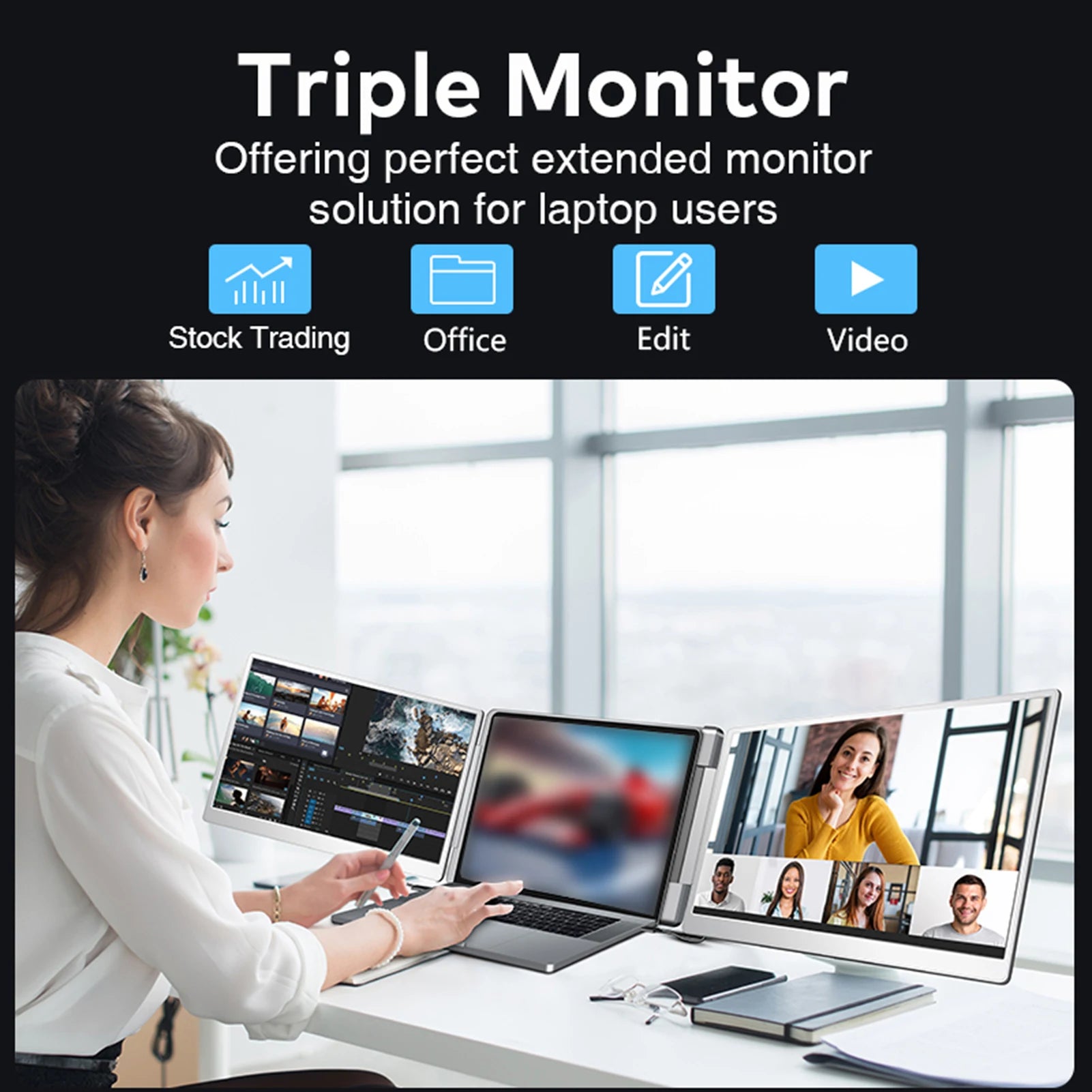 16" Laptop Screen Extender 1200P FHD Portable Triple Monitor for12-18.5" Laptop Folding Monitor Extender with Kickstand Carrying