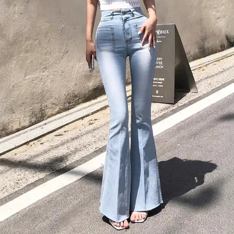 Women Denim Jeans Flare Slim Washed Autumn Winter New High Street Wide Leg Stright High Waist Trousers Long Pants Vintage Casual
