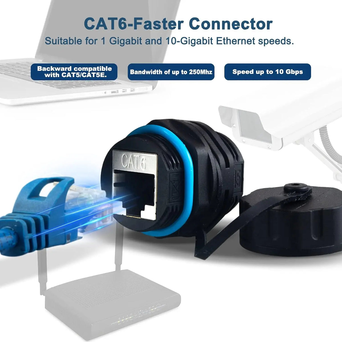 Panel Mounting Shielded CAT6 RJ45 Waterproof Connector Cat5e/6 8P8C Ethernet LAN Cable Coupler Adapter with Waterproof/Dust Cap