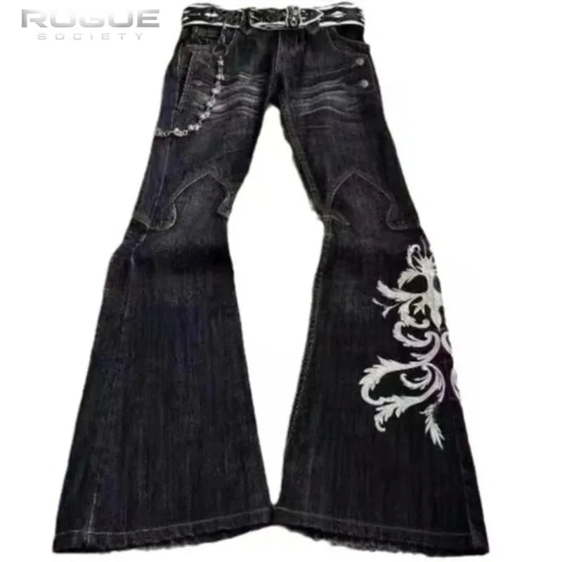 Summer Streetwear Embroidered Flare Jeans Men Y2K Retro Gothic Punk Casual Harajuku Distressed Vintage Black Denim Pants Unisex