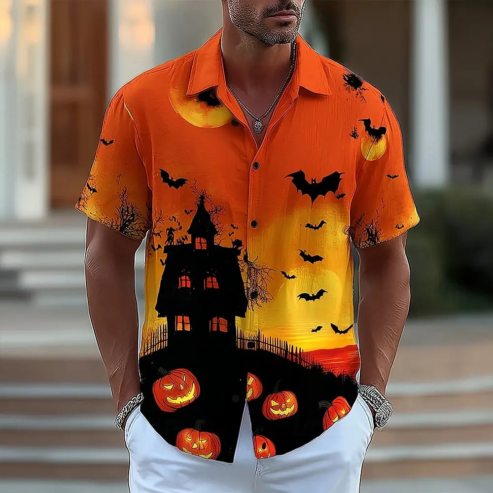 2025 Halloween Men's Halloween Themed Shirt Button Up Shirt Short Sleeve Dark Punk Gothic Style Holiday Streetwear Summer