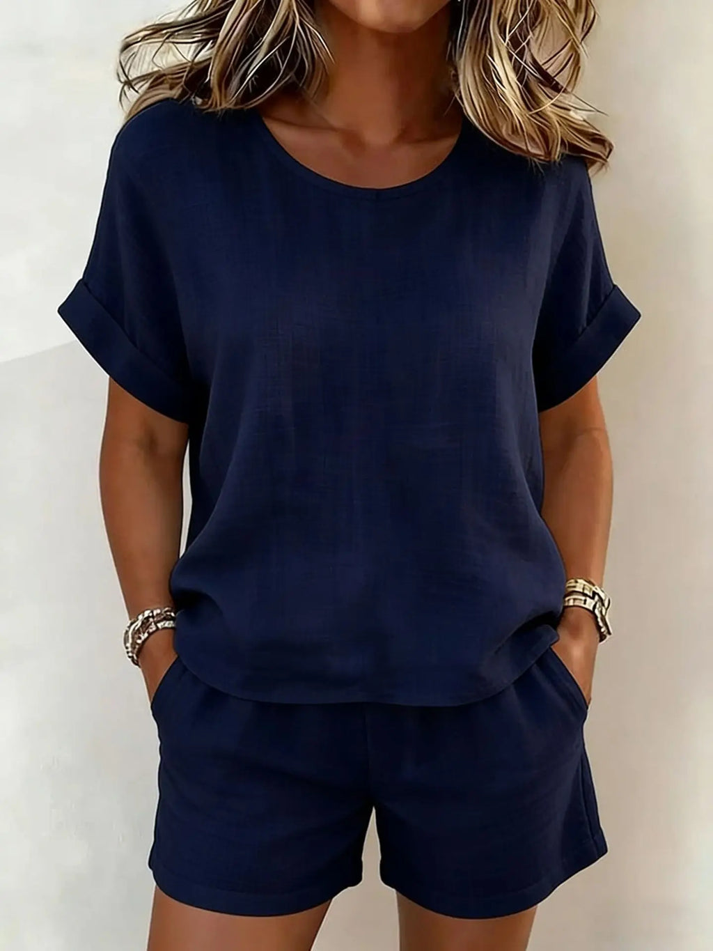 2026 Summer New Women's Solid Color Casual Crew Neck Short Sleeve Top & Shorts 2-Piece Outfit Set