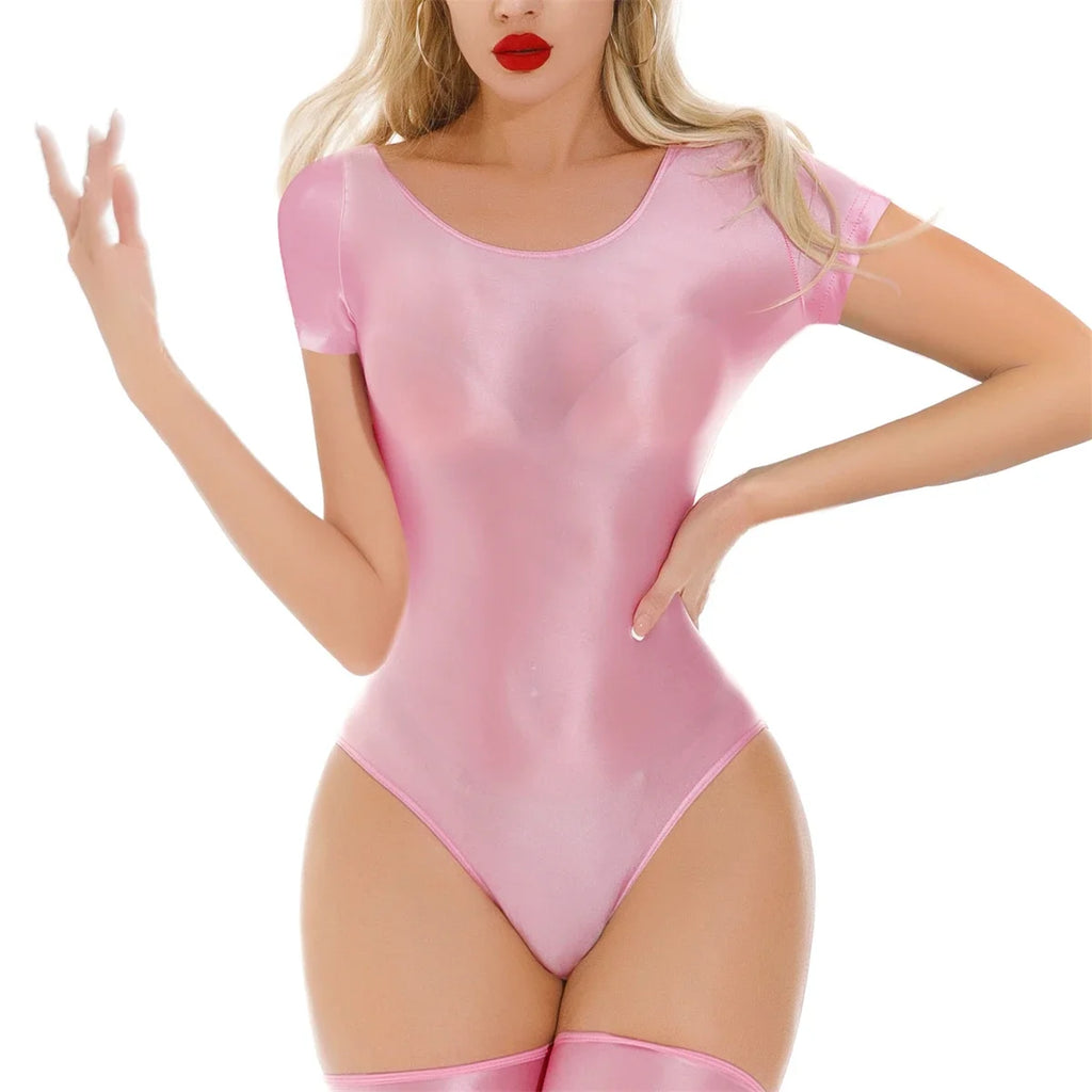 Women Sexy Bikini Leotard Solid Color Oil Shiny Smooth Bodysuits Short Sleeve Swimwear Rompers Transparent Yoga Fitness Catsuits