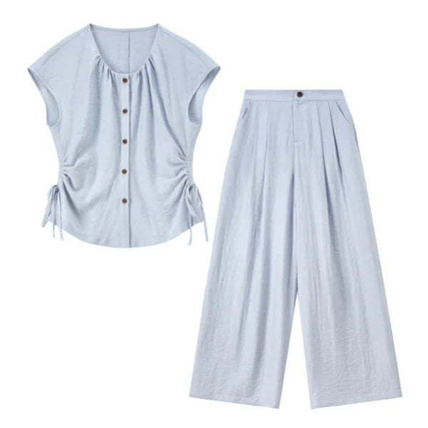 SENTUBILA Women's Office Set 2026 Summer New Blue Button Shirred Drawstring Slim Top Straight Pant 2 Piece Sets 162ZK6231