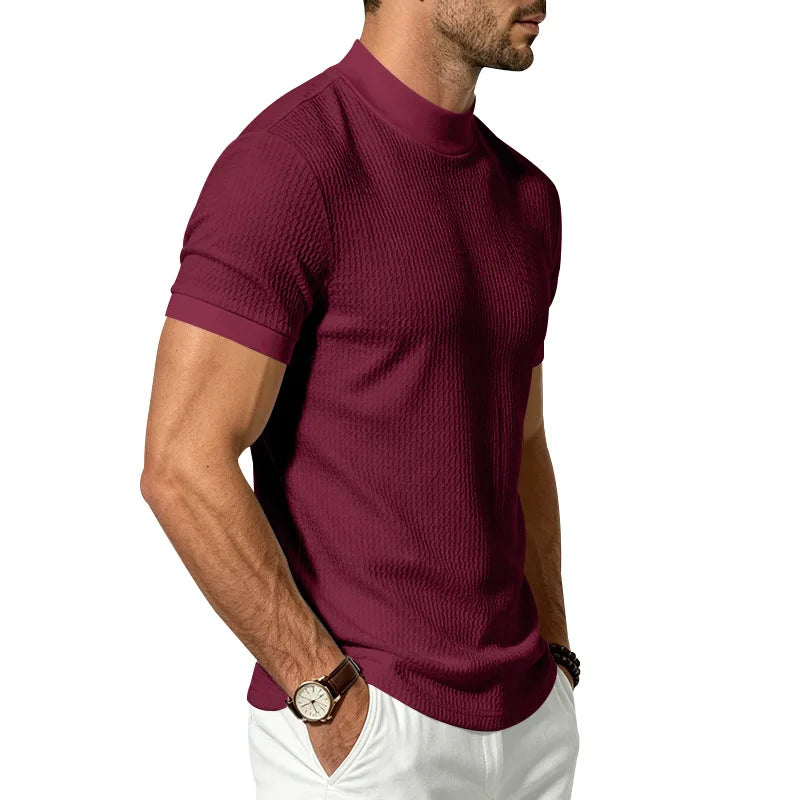 Men Summer Solid Jacquard Textured Mock Neck Short Sleeve T Shirt Slim Fit Simple Versatile Casual Daily Male Basic Tees