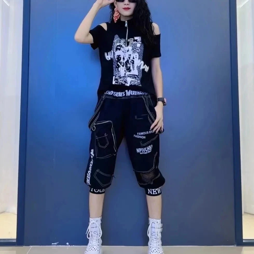 2026 Summer Womens 2 Piece Outfit Set Fashion Off Shoulder Stand Neck Short Sleeve T Shirt Tops+Casual Printed Capris Pants Suit