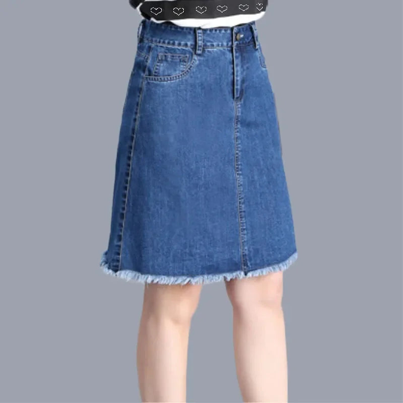 Large Size Denim Skirt For Women Spring Summer High-waisted A-line Jeans Skirt Ladies Korean Loose Tassels Mini Denim Skirts