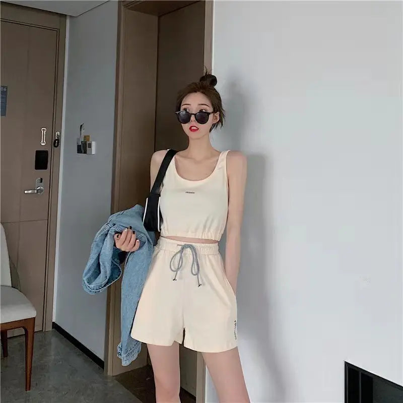 Women's Short Set Summer New Solid Sportswear Tank + Shorts Two Piece Womens Outifits Casual Sport Sets Woman
