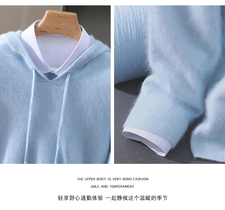Autumn Winter New 100% Mink Cashmere Sweater Men's Solid Color Hooded Pullover Knitted Sweater Loose Casual Top For Outdoor Wear