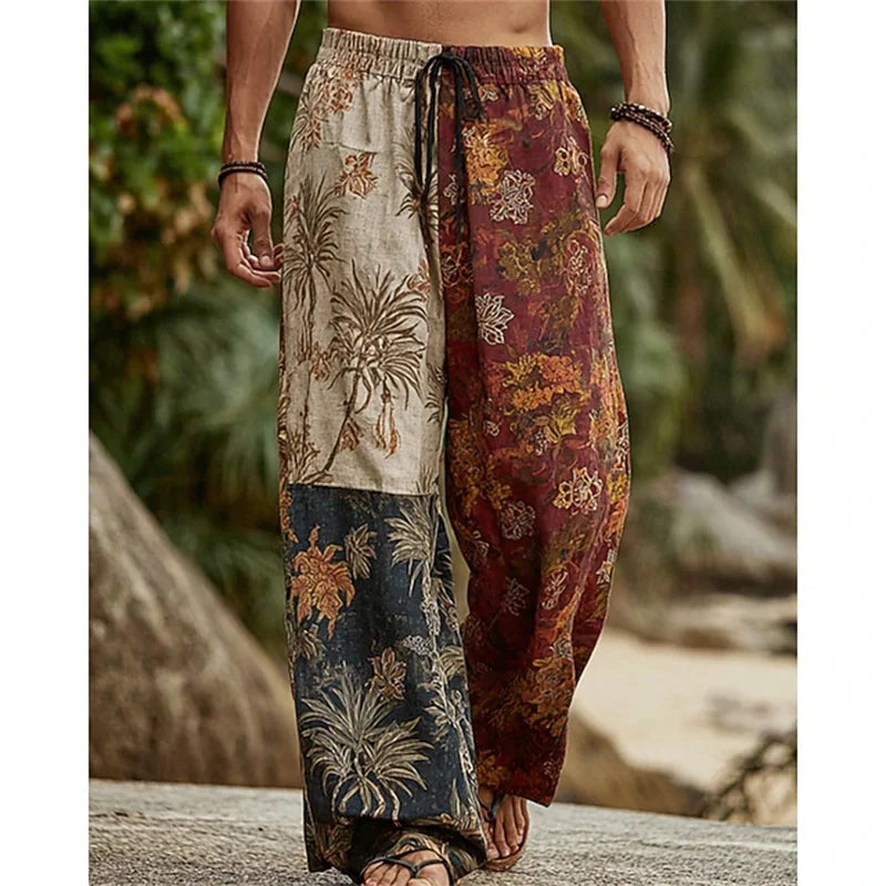 Summer Men's Beach Shorts Relaxed Fit Drawstring Casual Pants 3D Printed Geometric Pattern Breathable Wide-Leg Pants
