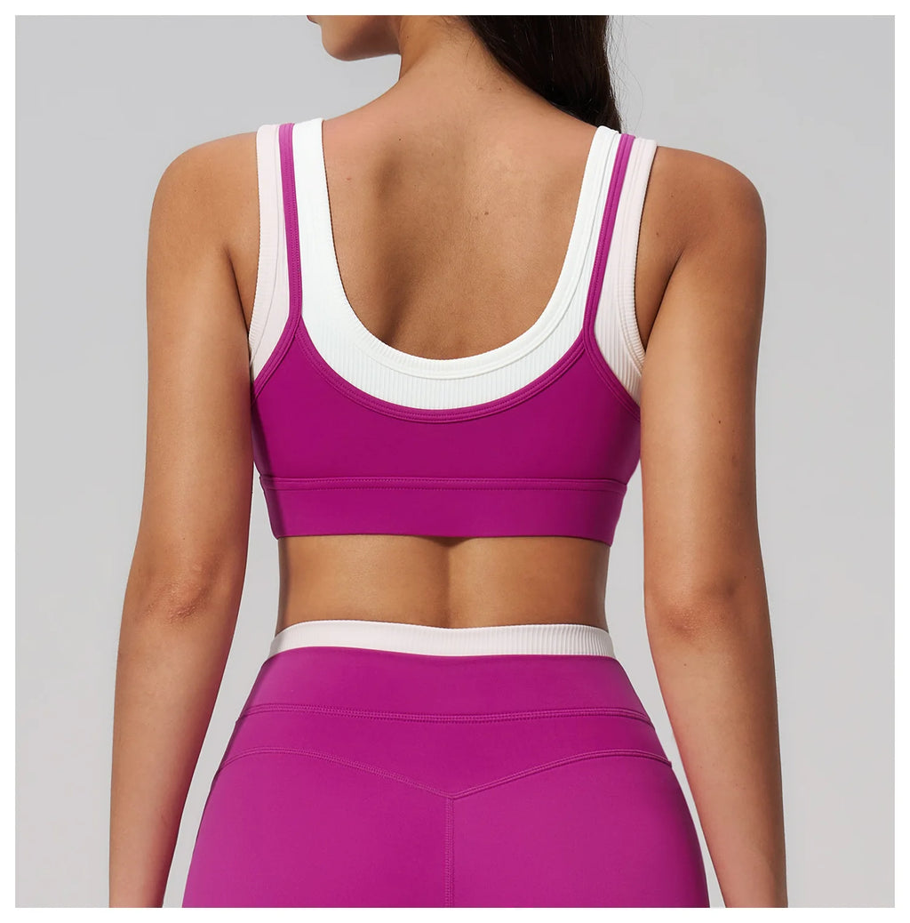 Custom LOGO Women's Naked Fake Two-piece Sports Vest Threaded Contrast Yoga Bra Running Fitness Clothing Top