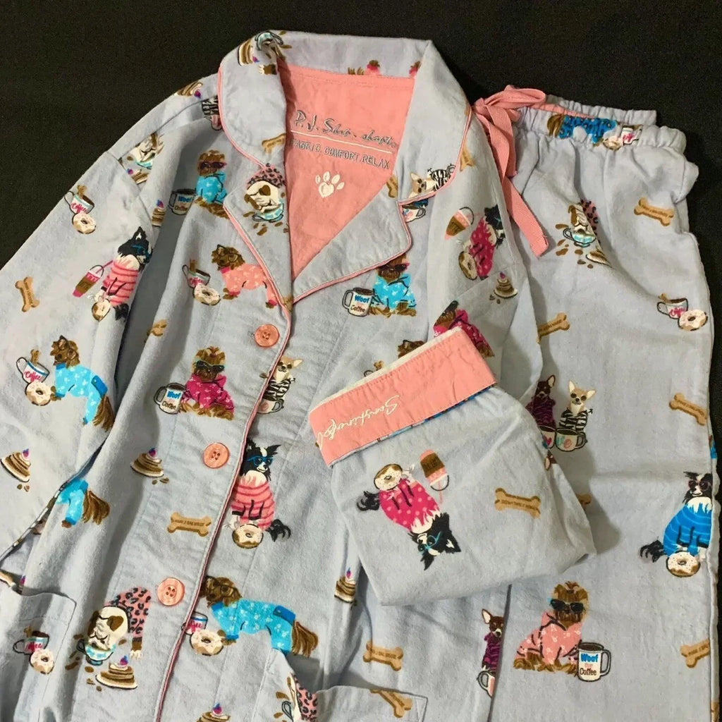 Women's Pajamas Set Cute Cartoon Print Sleepwear Elegant Top&pants 2Pcs Soft Cotton Pyjama Pour Femme Nightwear Loungewear