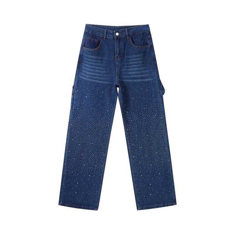 Shiny Rhinestone Baggy Women's Wide Leg Jeans Full Diamond Wide Leg Dragging Denim Pants Vintage Washed Pants Casual Trousers