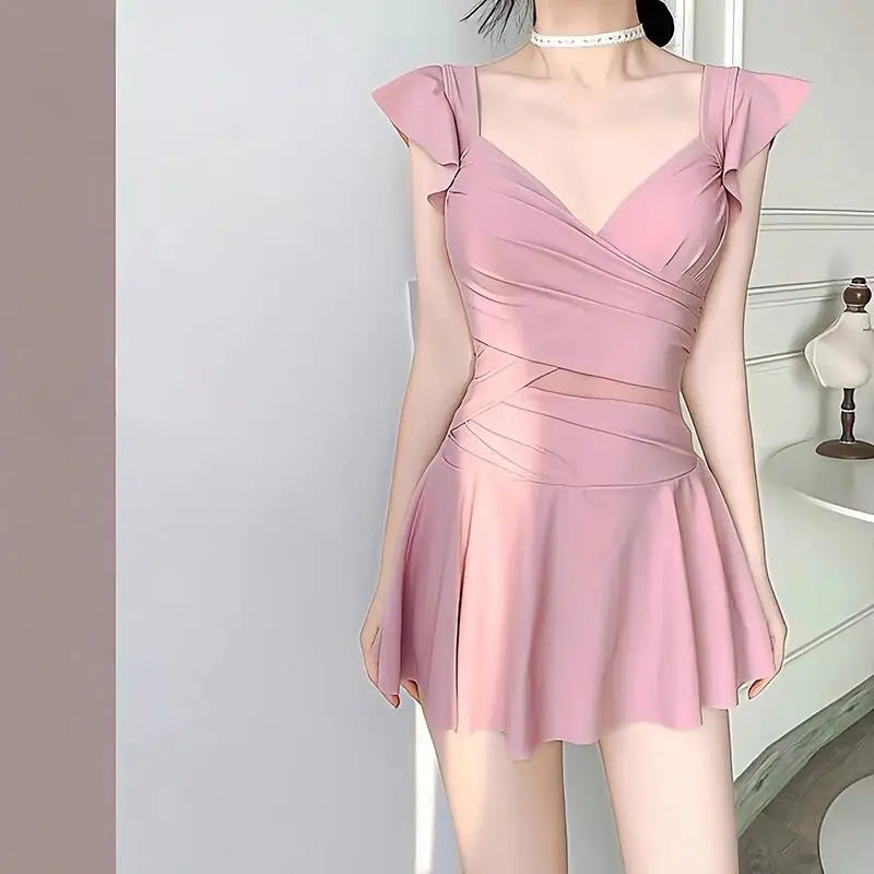 Retro Pink One-Piece Swimsuit for Girls Thermal Spring Women High-End Sensation Swimwear Steel Ring Gathered Conservative Pur...