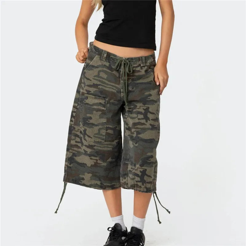 Women Retro Cargo Denim Shorts Vintage Camouflage Print Loose Drawstring Short Pants Y2k Aesthetic Cyber Grunge Streetwear