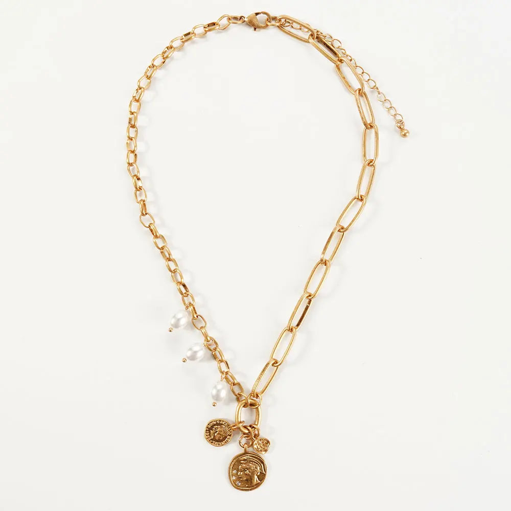 Gold-Tone Statement Necklace Y Shaped with Textured Oval Elements and Chain Tassel Vintage Inspired Fashion Piece for Bold Styli