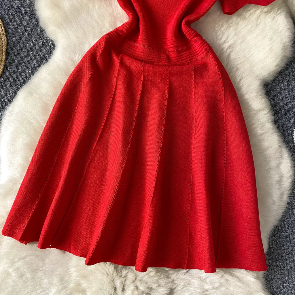 Red Senior Solid Knitting Dress Ladies O-Neck Short Sleeve Hollow Out Design Elastic Knitted Fashion Basic A-Line Dress