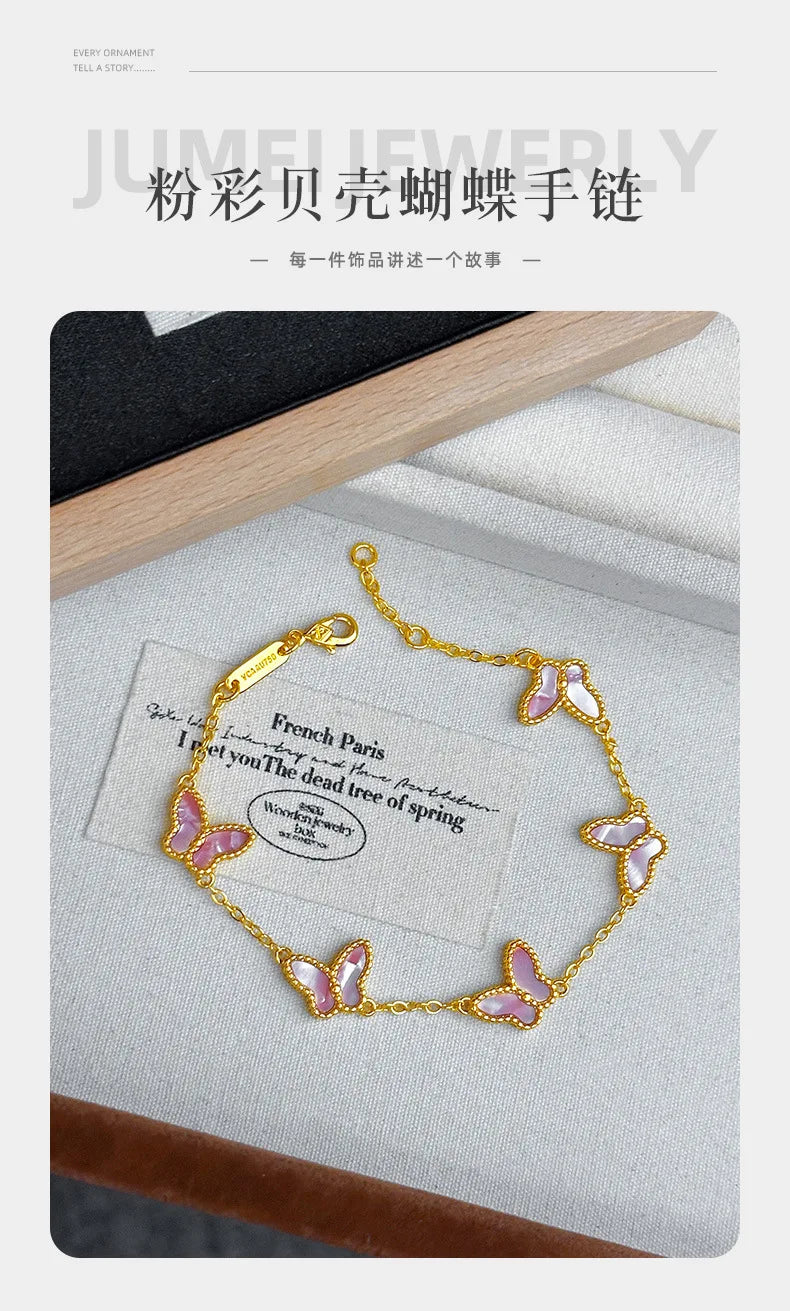 Light luxury high-end five butterfly bracelets 9999 24K real gold versatile ins style mother-shell pink women's bracelets