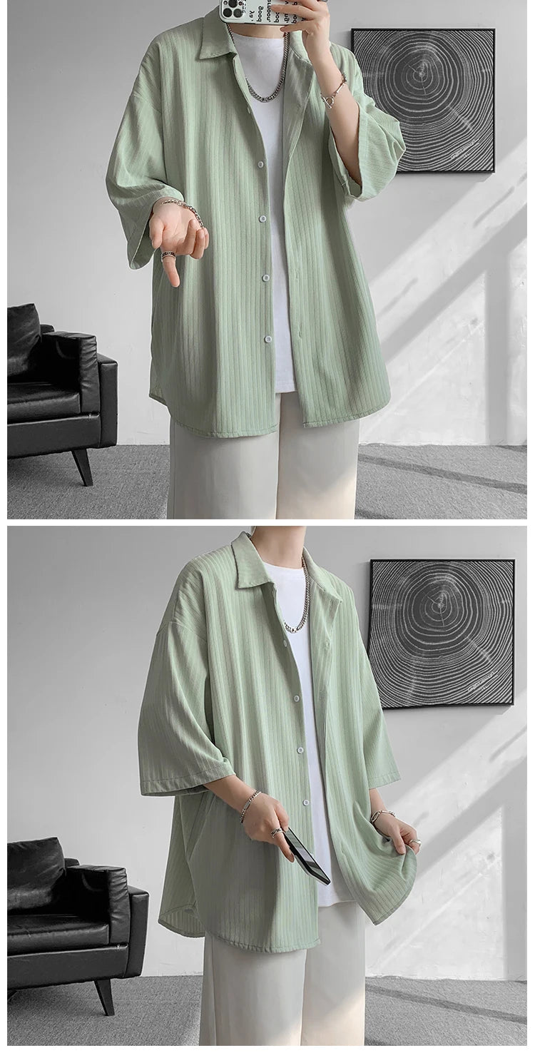 LEGIBLE Spring Summer Solid Shirts Men Casual Oversized Three Quarter Shirts Male Loose Fit Shirt for Man