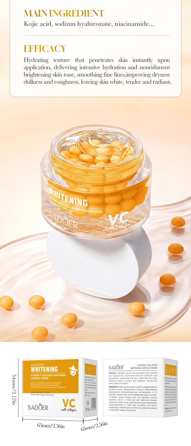 SADOER Vitamin C Collagen Capsule Face Cream Whitening Facial Cream Intensive Moisturize Smooth Fine Lines Youth Skin Care