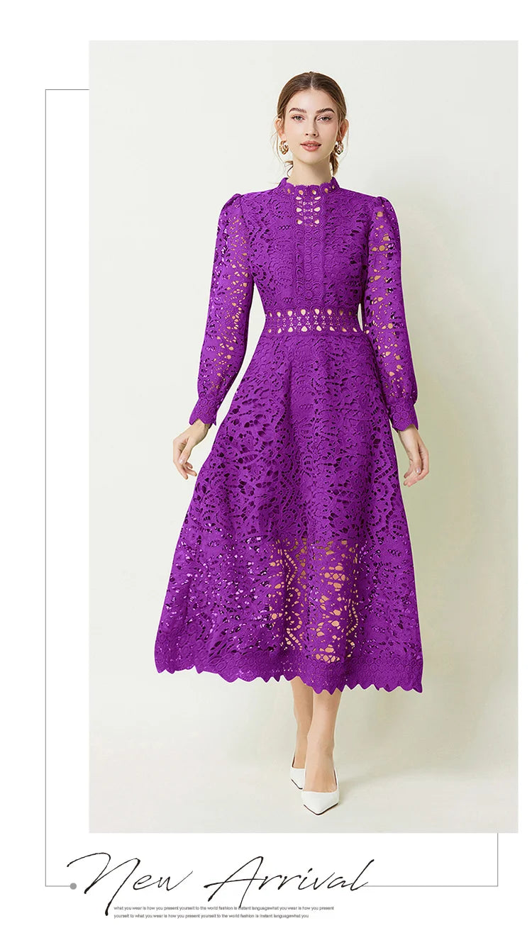 Solid Lace Holloe Out Slimming Elegant Dresses For Women Stand Collar Long Sleeve High Waist Minimalist Dress Female Fashion
