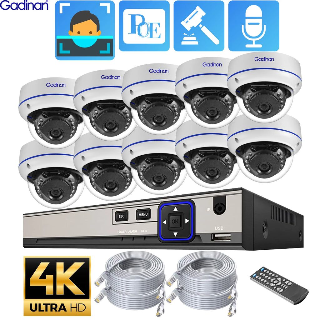 Gadinan 10CH 8MP 4K POE Dome Security Camera System IP Set 4MP Vandal-proof Home Audio CCTV Video Surveillance Protection Kit