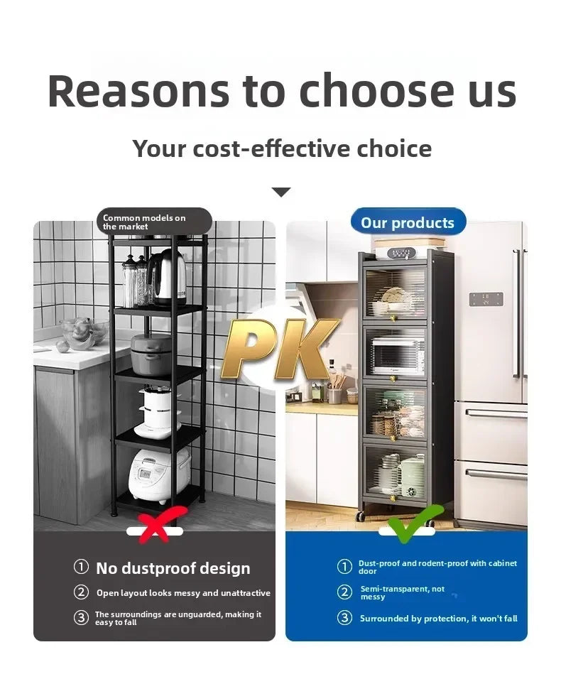 Multi-functional Kitchen Shelf Floor-to-ceiling Shelf Locker Microwave Pot Oven Cabinet Storage Rack with Cabinet Door