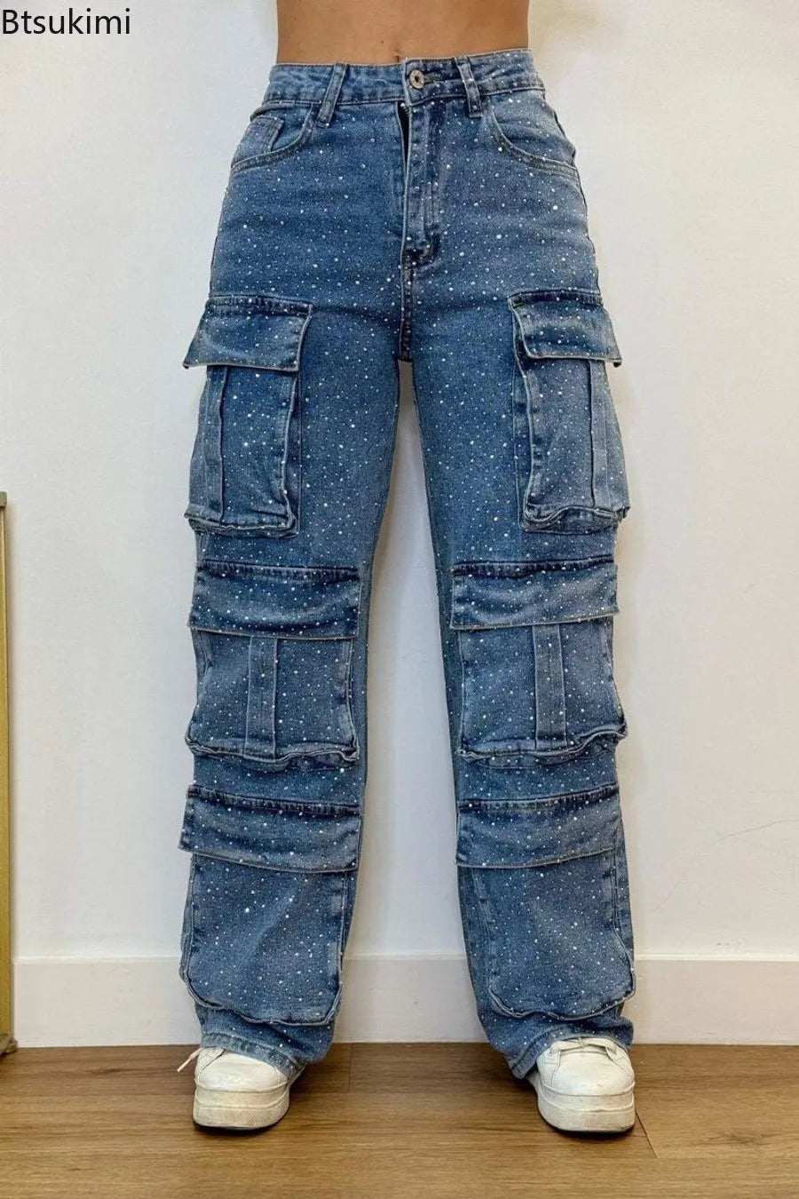 New 2026 Women's High Waist Cargo Denim Jeans with Full Rhinestones Sparkling Casual Baggy Pants Streetwear Chic Daily Trousers