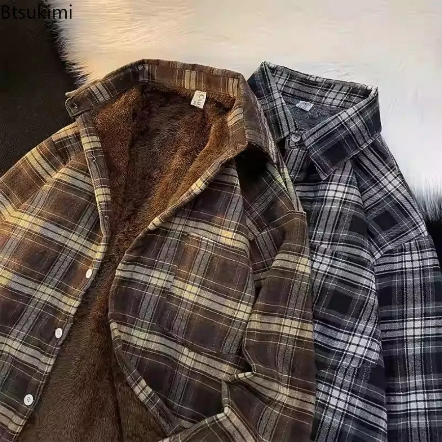 New 2026 Autumn and Winter Plus Velvet Thick Warm Plaid Shirt Men's Long Sleeved Japanese Retro Trend Loose Casual Shirt Jacket
