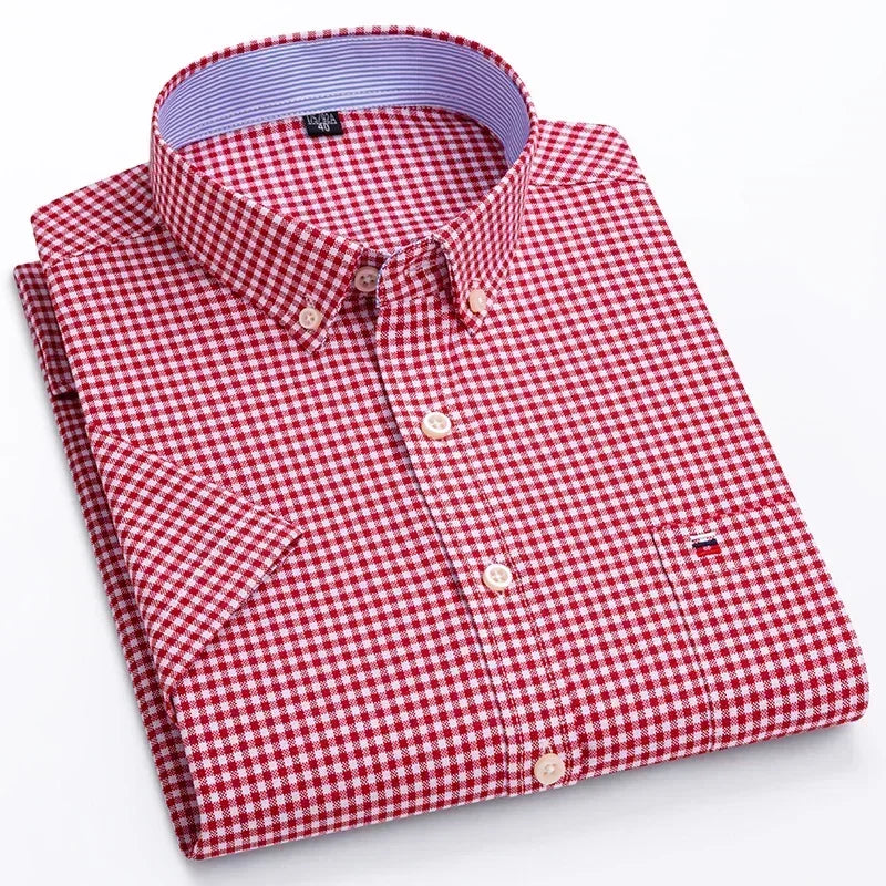 2025 100% Pure Cotton Men's Oxford Short Sleeve Square Collar Soild Plaid Striped Summer Casual Shirts Single Pocket  Shirt