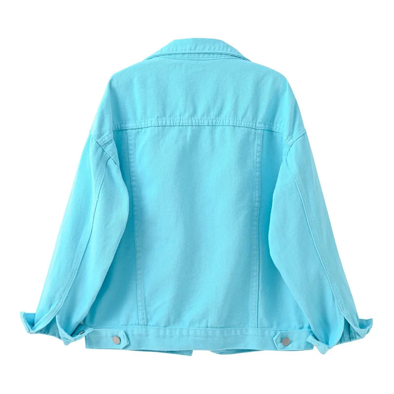 Pink Denim Jacket Women's Spring Autumn Single-breasted Lapel Coat Fashion Green Black Red Blue Outerwear Female Jean Overcoat