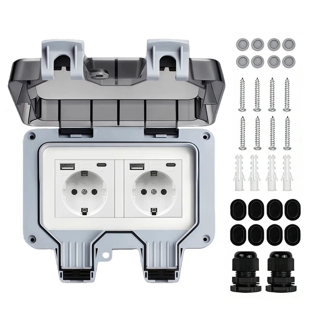 Waterproof Outdoor Socket,Double Power Outlet with Protective Cover ,Dustproof Windproof Socket,Wall-Mounted Garden Power Outlet