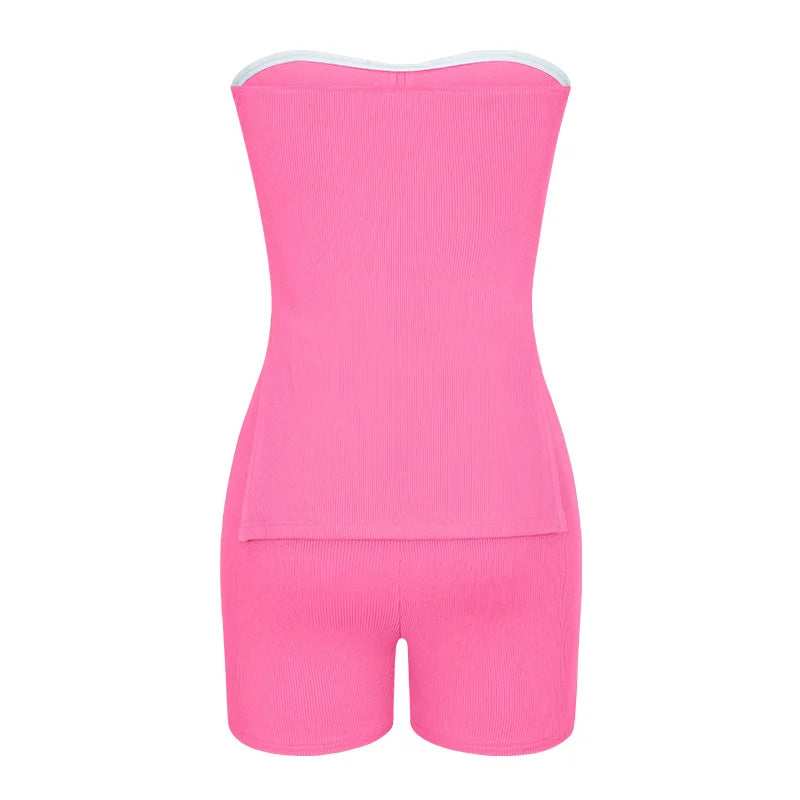 Sexy Solid Slim Suit For Women Fashion Strapless Side Split Top Elastic Waist Package Hip Shorts Two Piece Set 2026 Summer New