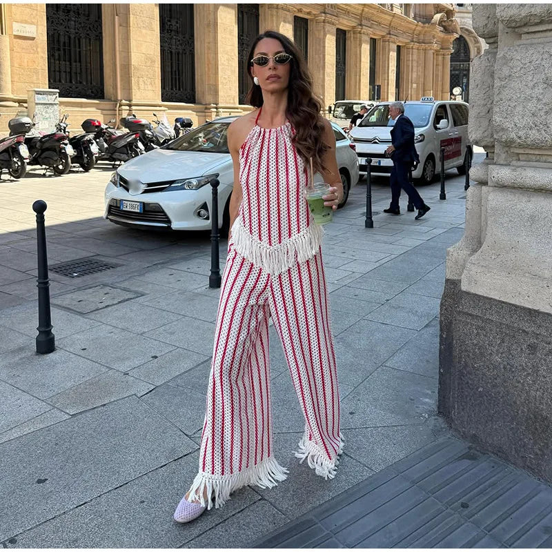 Halter Vertical Striped Fringe Two Piece Set Sleeveless Tank Top Loose Wide Leg Pants Women 2026 Summer Holiday Beach Chic Suit