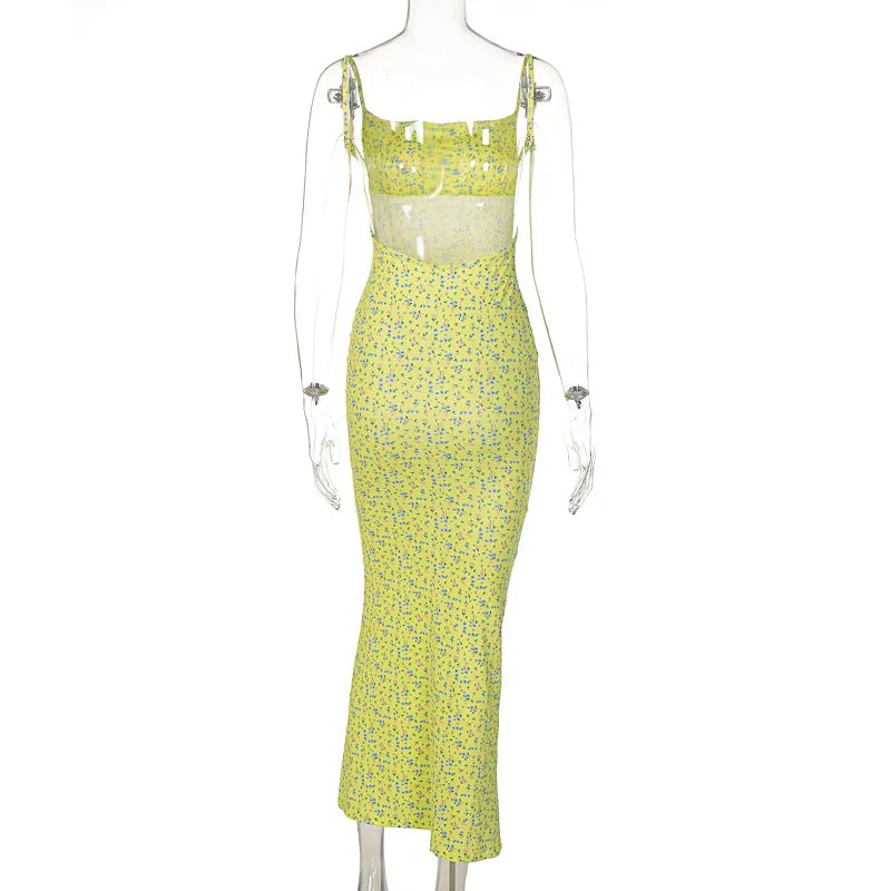Women's Flower Print Sleeveless Backless Slim Maxi Dress Elegant Streetwear Party Clothing Spring 2025 Concise Sexy Slip Dress
