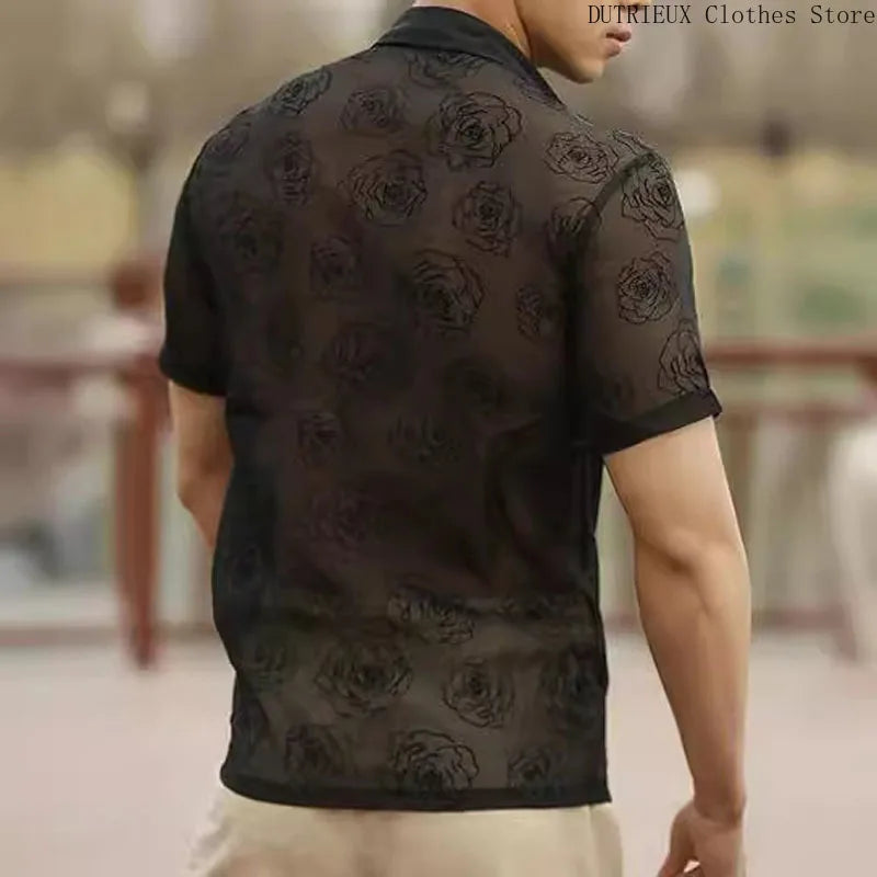 Spring/Summer Men's Fashion Lace Short-sleeved Shirt Party Club Sexy Hollowed-out See-through Shirt Casual Street Men's Clothing