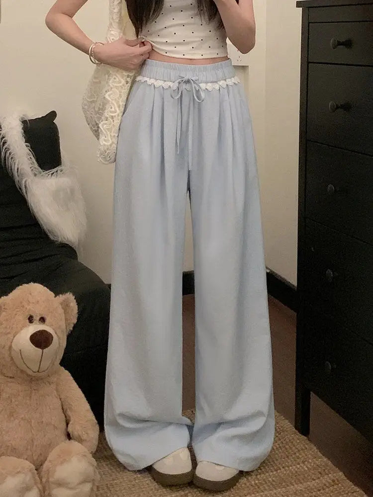 Women Lace Trim Wide Leg Pants Elastic Drawstring Waist Loose Casual Trousers Multiple Colors