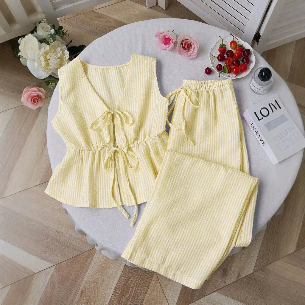 2026 European‑style Summer Solid‑Color Striped Outfit, Tie‑Strap Tank Top & Loose Trousers, Casual Sweet Two‑Piece Set