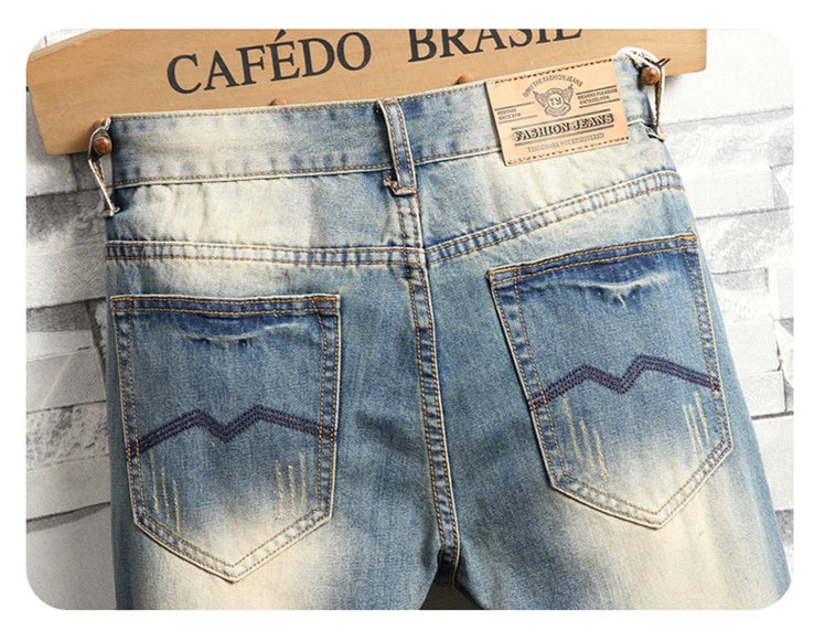Distressed Ripped Jeans Men's Retro Blue Fashion Slim Motorcycle Trousers Male Hip-hop Street Male Hole Denim Pants