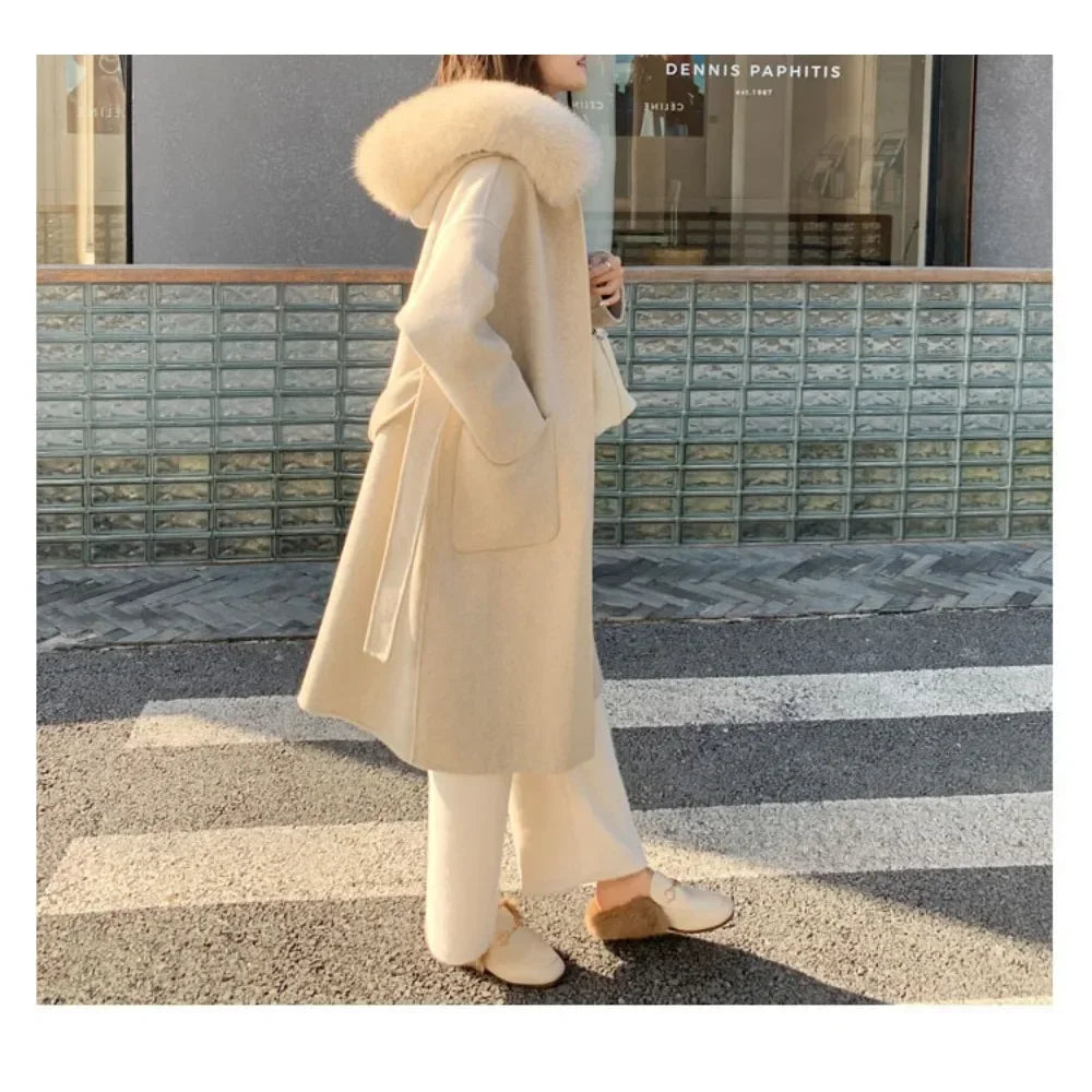 Real Fur Wool Outerwear Wool Blends Coat Natural Fox Fur Collar Hooded Cashmere Winter Jacket for Women Streetwear High Street