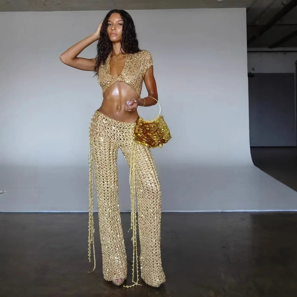 Sexy Sequin Hollow Out Pants Set V-neck Short Sleeved Top+Pants Two Piece Set Fashion Party Clubwear Evening Festival Outfit