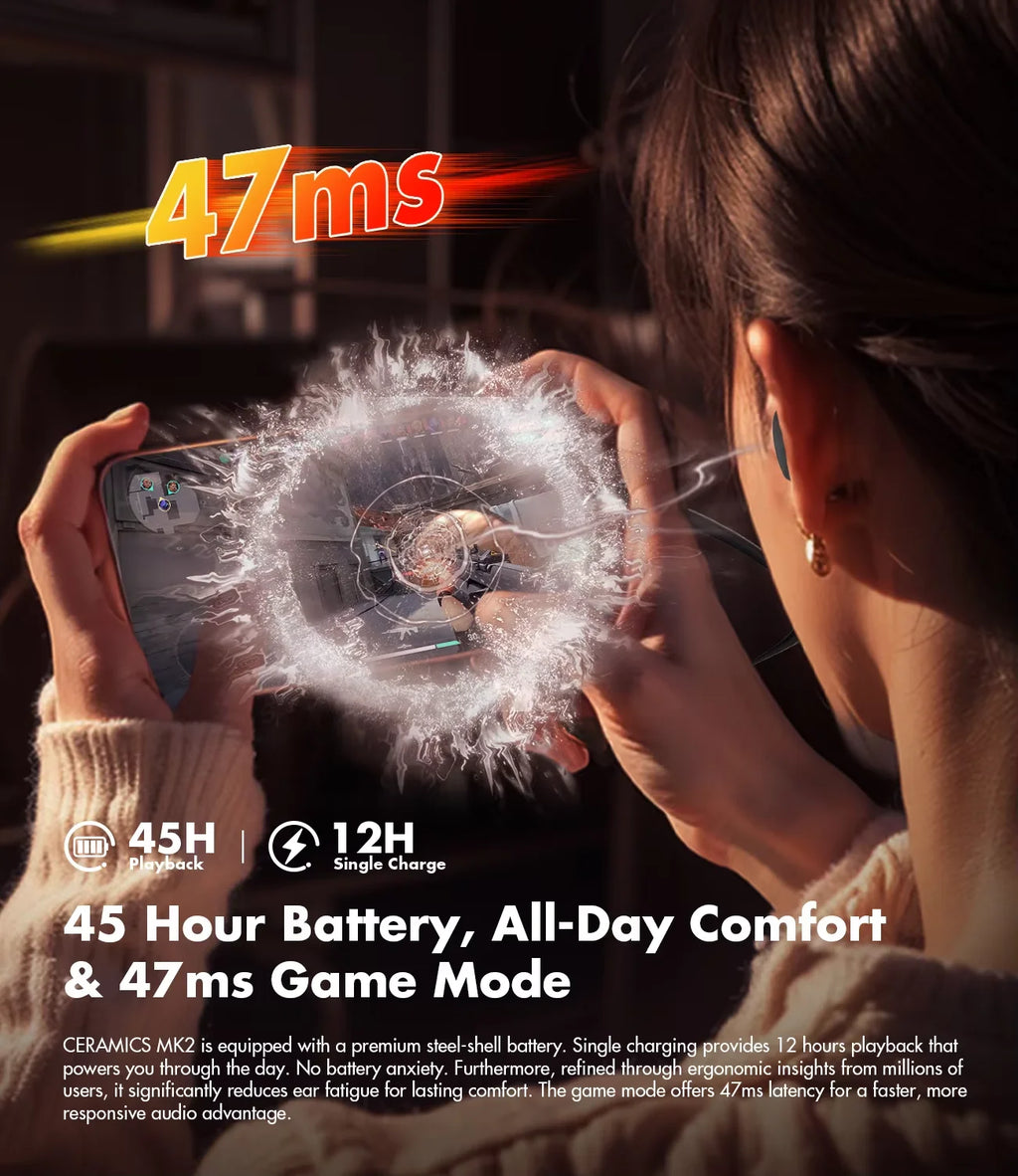 CERAMICS MK2 TWS Earbuds, 40dB ANC, Bluetooth 6.0, Hi-Res LDAC, IPX4 Sweatproof, 45H Playtime, HD Mics, Game Mode, Dual Connect