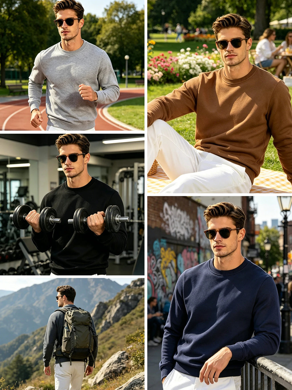 Men Solid Plain Crew Neck Sweatshirt Classic Rib Round Collar Cuffs & Hem Reinforced Waffle Stitching Soft Lightweight Wrinkle