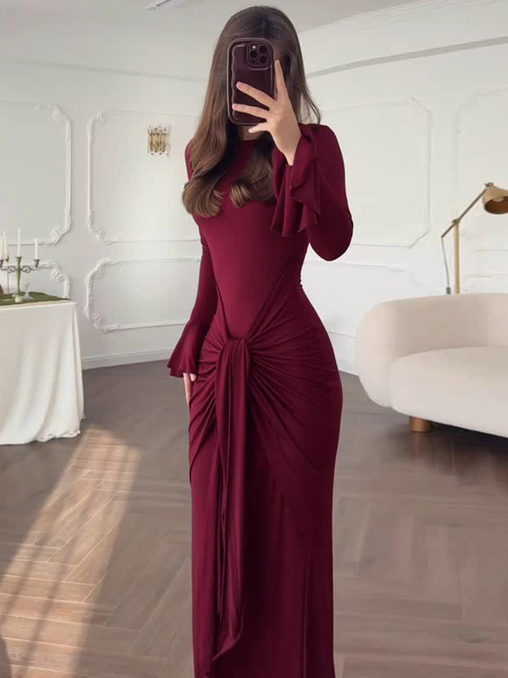 Dulzura O-Neck Long Flare Sleeve Ruched Lace Up Slim Long Dress Women'S Fashion Elegant Clothes Party Club Street Autumn Outfit
