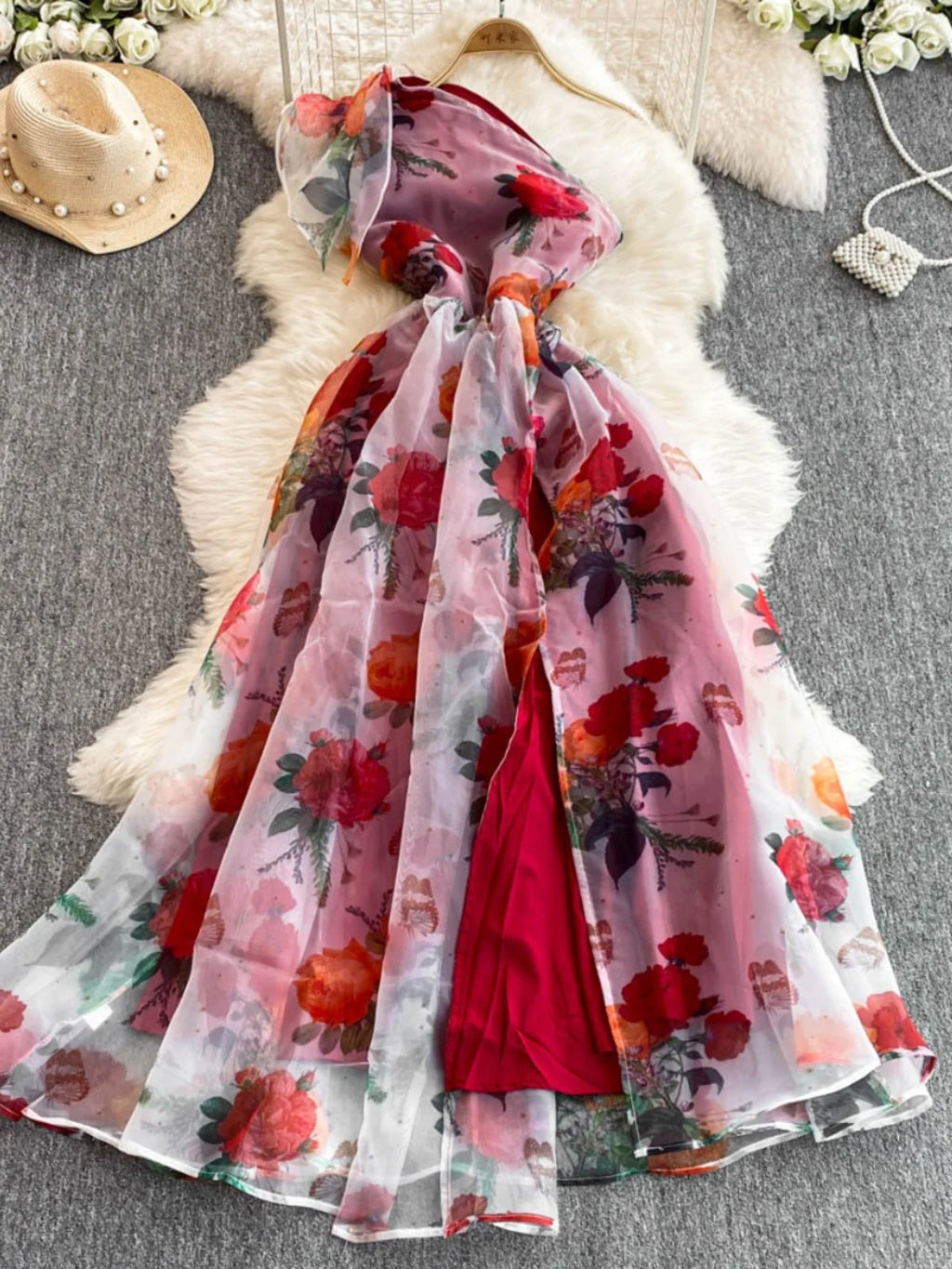 Spring Floral Series Holiday Dr Women's Summer High Waist Slim Fit Sexy Strapl Midi Length Belted Gown Korean Sle