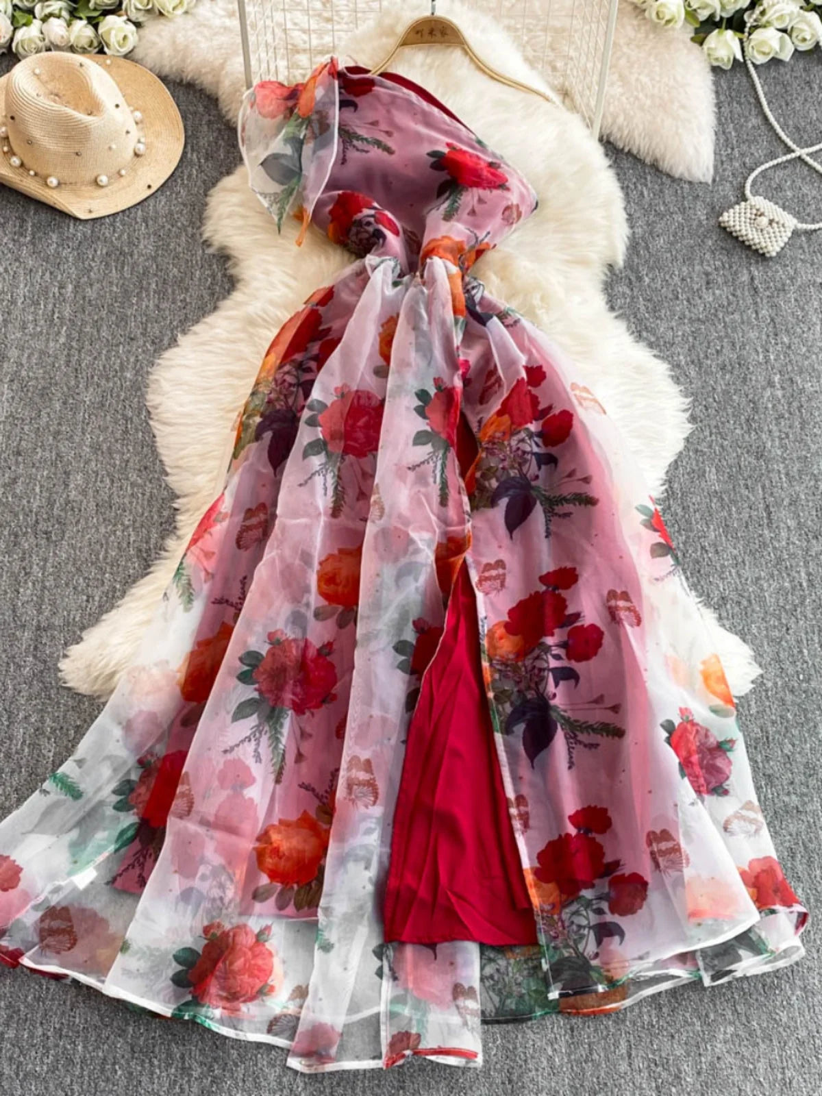 Spring Floral Series Holiday Dr Women's Summer High Waist Slim Fit Sexy Strapl Midi Length Belted Gown Korean Sle