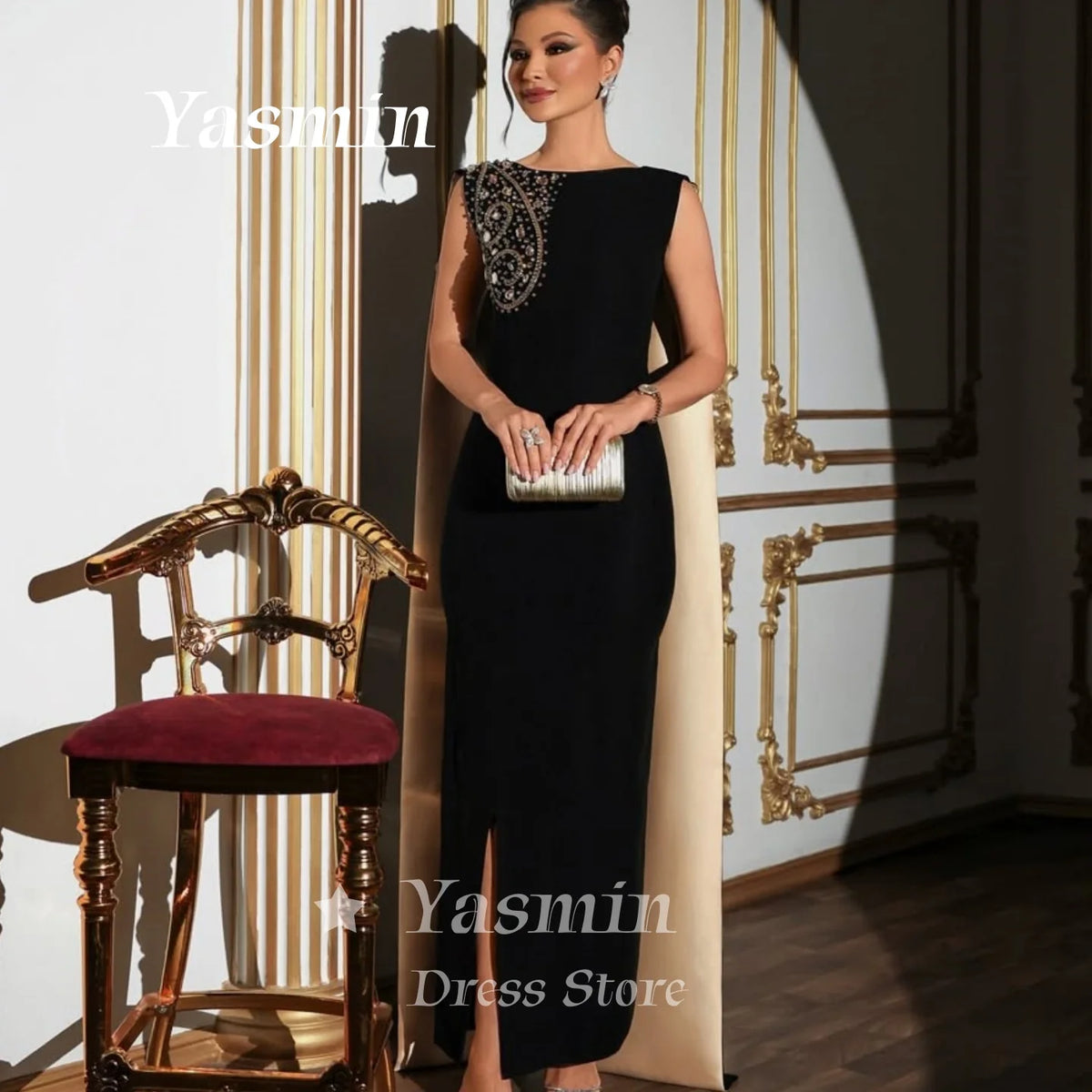 Luxury Black Prom Dress Saudi Women Sleeveless Cape Sleeve Evening Gown Crystal Beaded Mermaid Wedding Party Dresses Customized